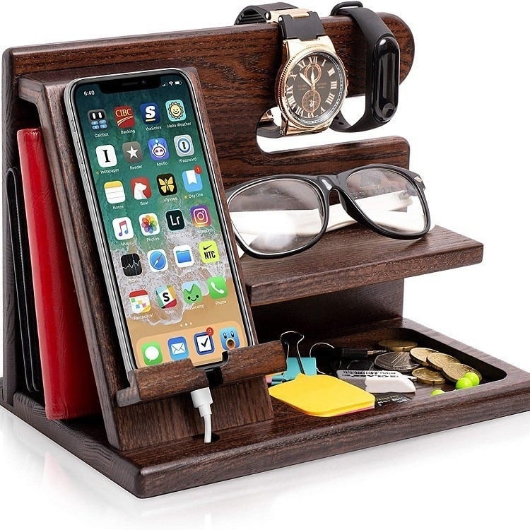 Drevený držiak na telefón, stolový organizér na okuliare, hodinky a kľúče, nabíjací stojan, univerzálny dizajn