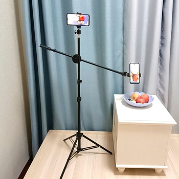 Стойка за мобилен телефон за снимане отгоре с двойна камера за лайв стрийминг, настолен трипод за видеозаписи и кулинарни видеа, метална конструкция