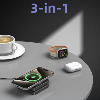 3-ių viename sulankstomas magnetinis belaidis įkrovėjas staliniam laikikliui vienu metu įkraunant telefonus, ausines ir laikrodį – 25W, 9V/3A, QC3.0