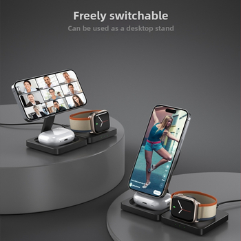 3-ių viename sulankstomas magnetinis belaidis įkrovėjas staliniam laikikliui vienu metu įkraunant telefonus, ausines ir laikrodį – 25W, 9V/3A, QC3.0