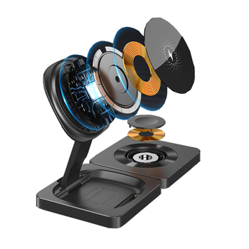 3-ių viename sulankstomas magnetinis belaidis įkrovėjas staliniam laikikliui vienu metu įkraunant telefonus, ausines ir laikrodį – 25W, 9V/3A, QC3.0