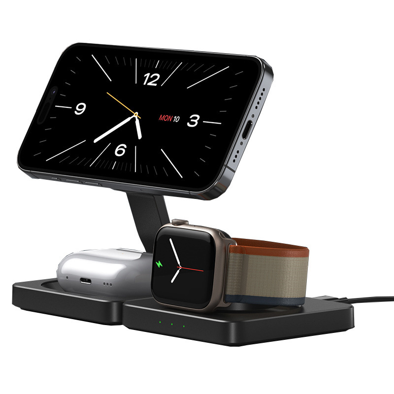 3-ių viename sulankstomas magnetinis belaidis įkrovėjas staliniam laikikliui vienu metu įkraunant telefonus, ausines ir laikrodį – 25W, 9V/3A, QC3.0