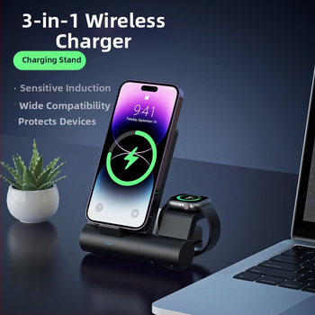 3-in-1 belaidžio įkrovimo stalinis laikiklis telefonui, laikrodžiui ir ausinėms – išimamas ir sulankstomas, 15W QC3.0
