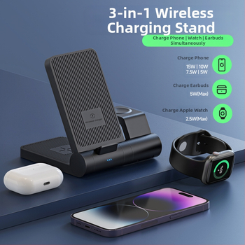 3-in-1 belaidžio įkrovimo stalinis laikiklis telefonui, laikrodžiui ir ausinėms – išimamas ir sulankstomas, 15W QC3.0