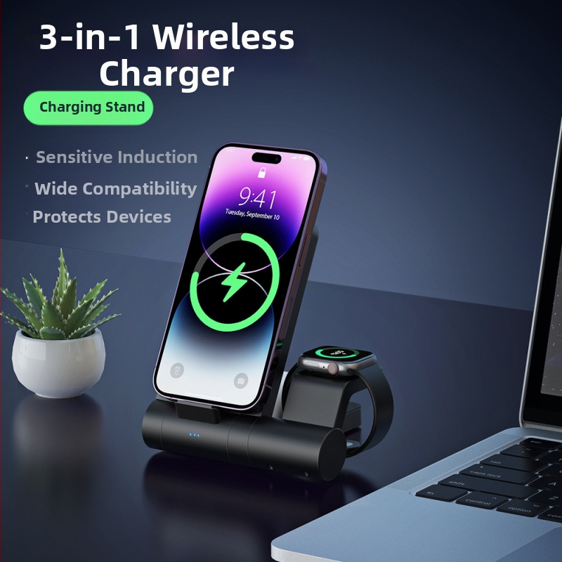 3-in-1 belaidžio įkrovimo stalinis laikiklis telefonui, laikrodžiui ir ausinėms – išimamas ir sulankstomas, 15W QC3.0