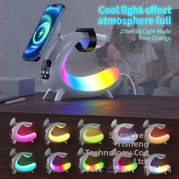 6-в-1 нощна лампа с Bluetooth говорител и безжично зареждане (вградена батерия, PVC абажур, бутонен превключвател)