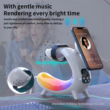 6-в-1 нощна лампа с Bluetooth говорител и безжично зареждане (вградена батерия, PVC абажур, бутонен превключвател)