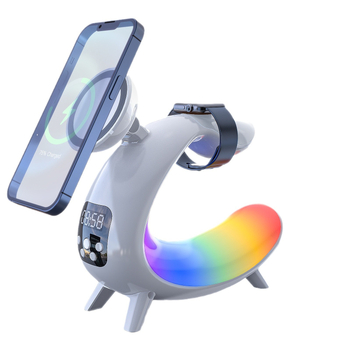 6-в-1 нощна лампа с Bluetooth говорител и безжично зареждане (вградена батерия, PVC абажур, бутонен превключвател)