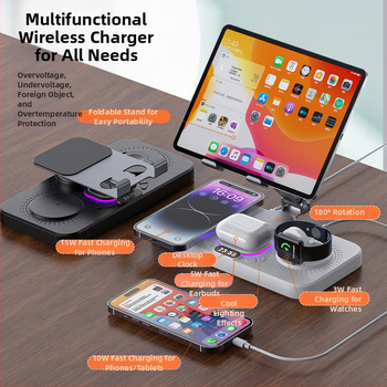 Darbalaukio belaidė greito įkrovimo dokas su sulankstomu pasukamu laikikliu, laikrodžiu ir aplinkos šviesa – šeši viename, MagSafe suderinamas, QC3.0, 9V3A, 15W maksimaliai