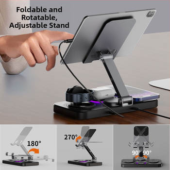 Darbalaukio belaidė greito įkrovimo dokas su sulankstomu pasukamu laikikliu, laikrodžiu ir aplinkos šviesa – šeši viename, MagSafe suderinamas, QC3.0, 9V3A, 15W maksimaliai