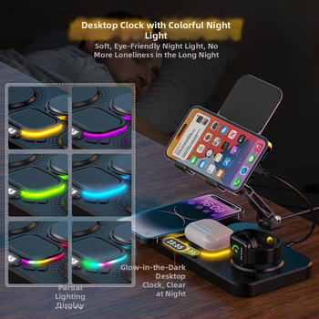 Darbalaukio belaidė greito įkrovimo dokas su sulankstomu pasukamu laikikliu, laikrodžiu ir aplinkos šviesa – šeši viename, MagSafe suderinamas, QC3.0, 9V3A, 15W maksimaliai