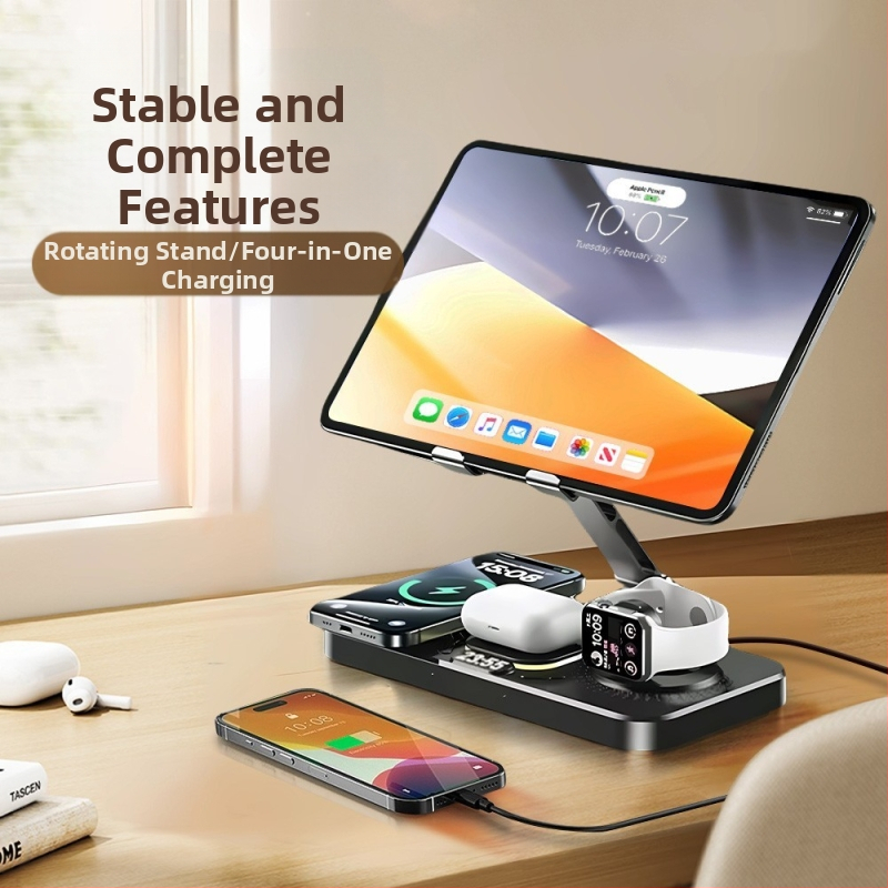 Darbalaukio belaidė greito įkrovimo dokas su sulankstomu pasukamu laikikliu, laikrodžiu ir aplinkos šviesa – šeši viename, MagSafe suderinamas, QC3.0, 9V3A, 15W maksimaliai