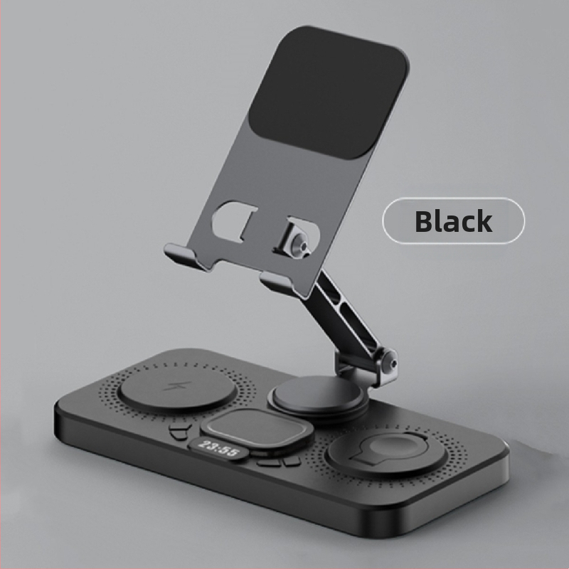 Darbalaukio belaidė greito įkrovimo dokas su sulankstomu pasukamu laikikliu, laikrodžiu ir aplinkos šviesa – šeši viename, MagSafe suderinamas, QC3.0, 9V3A, 15W maksimaliai