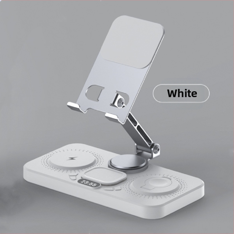 Darbalaukio belaidė greito įkrovimo dokas su sulankstomu pasukamu laikikliu, laikrodžiu ir aplinkos šviesa – šeši viename, MagSafe suderinamas, QC3.0, 9V3A, 15W maksimaliai