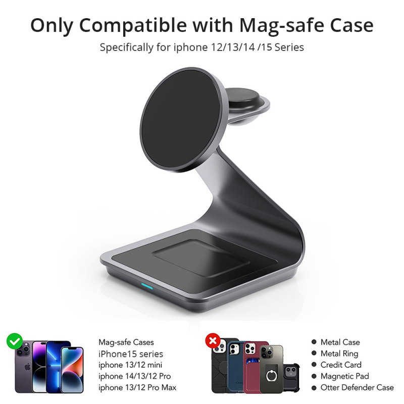 Tri viename belaidis automobilinis įkroviklis su magnetine įkrova ir švelniu marquee šviesos efektu, belaidis išvestis 3–15W, bendra galia iki 22W