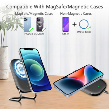 MagSafe magnetinis belaidis įkroviklis su staliniu laikikliu, vertikaliam įkrovimui išmaniesiems telefonams — 15W maksimali galia, QC3.0 greitas įkrovimas