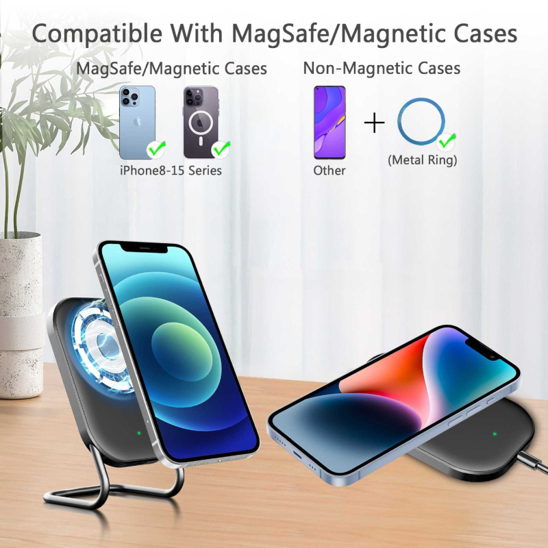 MagSafe magnetinis belaidis įkroviklis su staliniu laikikliu, vertikaliam įkrovimui išmaniesiems telefonams — 15W maksimali galia, QC3.0 greitas įkrovimas