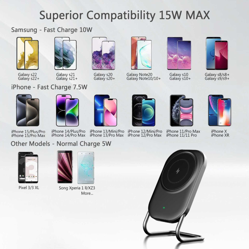 MagSafe magnetinis belaidis įkroviklis su staliniu laikikliu, vertikaliam įkrovimui išmaniesiems telefonams — 15W maksimali galia, QC3.0 greitas įkrovimas