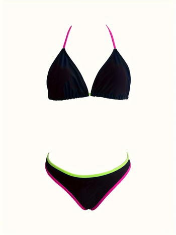 Γυναικείο σετ μπικίνι δύο τεμαχίων - χρωματικό μπλοκ, σεξι γραμμή, στενή εφαρμογή, χωρίς πλάτη; επενδυμένο πάνω μέρος χωρίς μεταλλική υποστήριξη; ύφασμα πολυεστέρας/νάιλον; επένδυση πολυεστέρας.