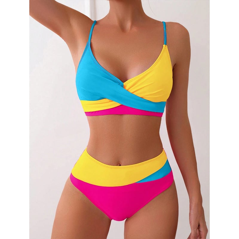 Dvodijelni bikini s visokim strukom i otvorenim leđima, podstavljenim gornjim dijelom, jednofarbni dizajn, vanjski materijal 80% najlon, podstava 20% spandex