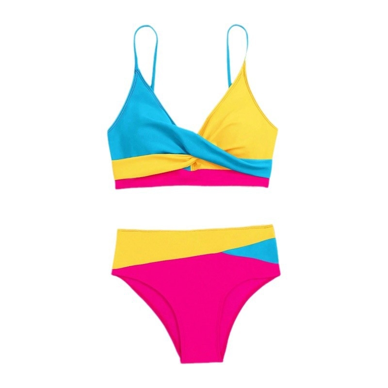 Dvodijelni bikini s visokim strukom i otvorenim leđima, podstavljenim gornjim dijelom, jednofarbni dizajn, vanjski materijal 80% najlon, podstava 20% spandex