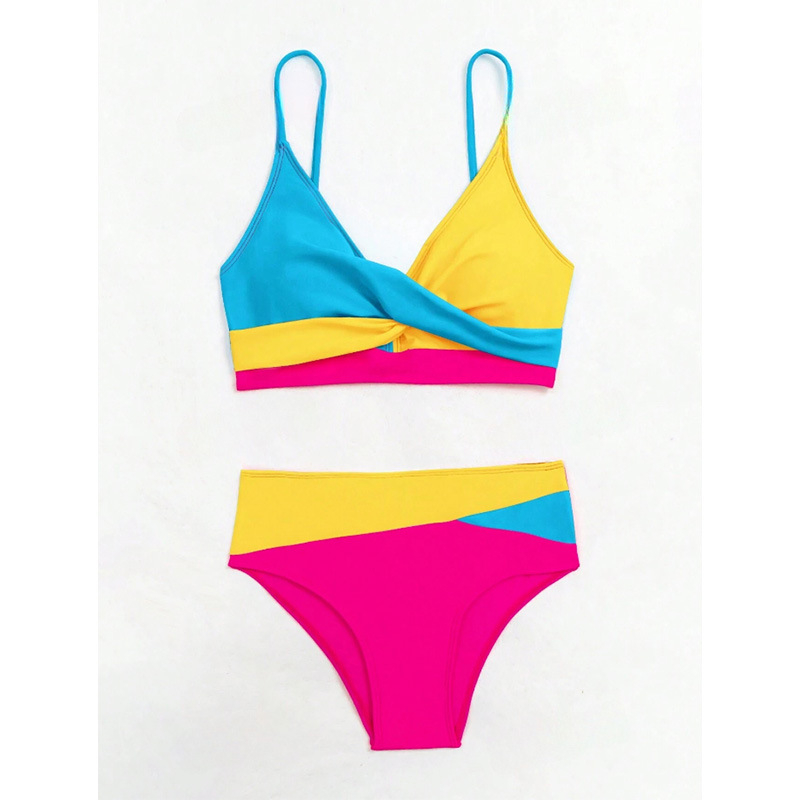 Dvodijelni bikini s visokim strukom i otvorenim leđima, podstavljenim gornjim dijelom, jednofarbni dizajn, vanjski materijal 80% najlon, podstava 20% spandex