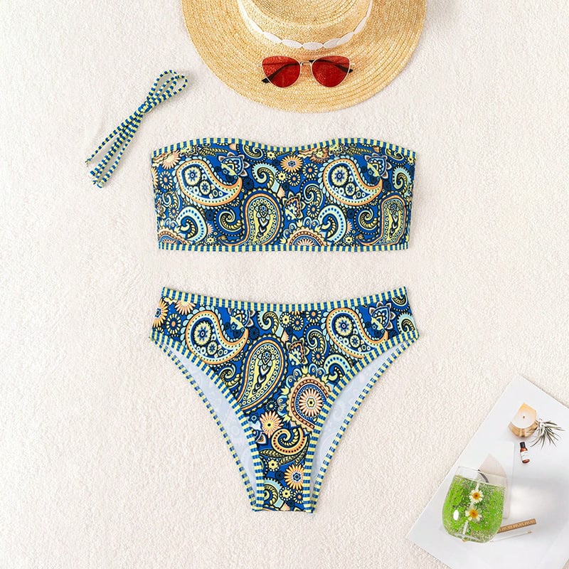 Bez naramenica bikini s cvjetnim uzorkom i jastučićima za grudi, poliester 82% + podstava od spandexa 18%, za plivanje