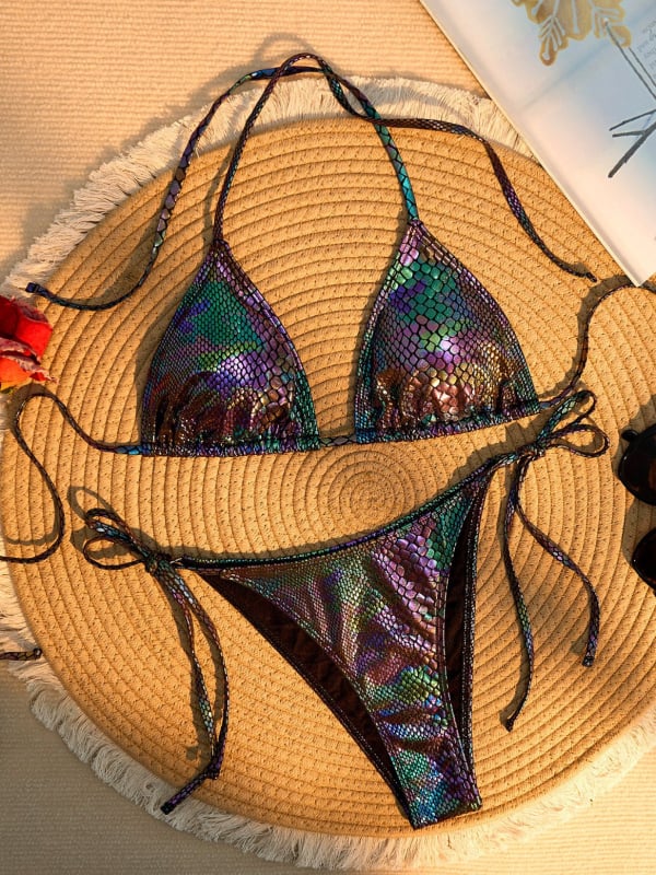 Costum de baie două piese pentru femei: halter, spate decupat, push-up, design slimming, imprimu poliester (85% poliester, căptușală 15%)