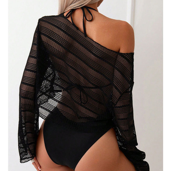 Set de bikini din trei piese cu acoperire din plasă pentru protecție solară, top cu mâneci lungi, poliester solid cu căptușeală Spandex 18%, 180 g/m², cu protecție pentru bust