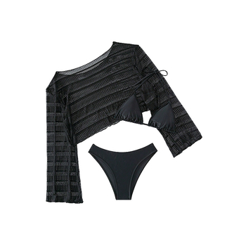 Set de bikini din trei piese cu acoperire din plasă pentru protecție solară, top cu mâneci lungi, poliester solid cu căptușeală Spandex 18%, 180 g/m², cu protecție pentru bust