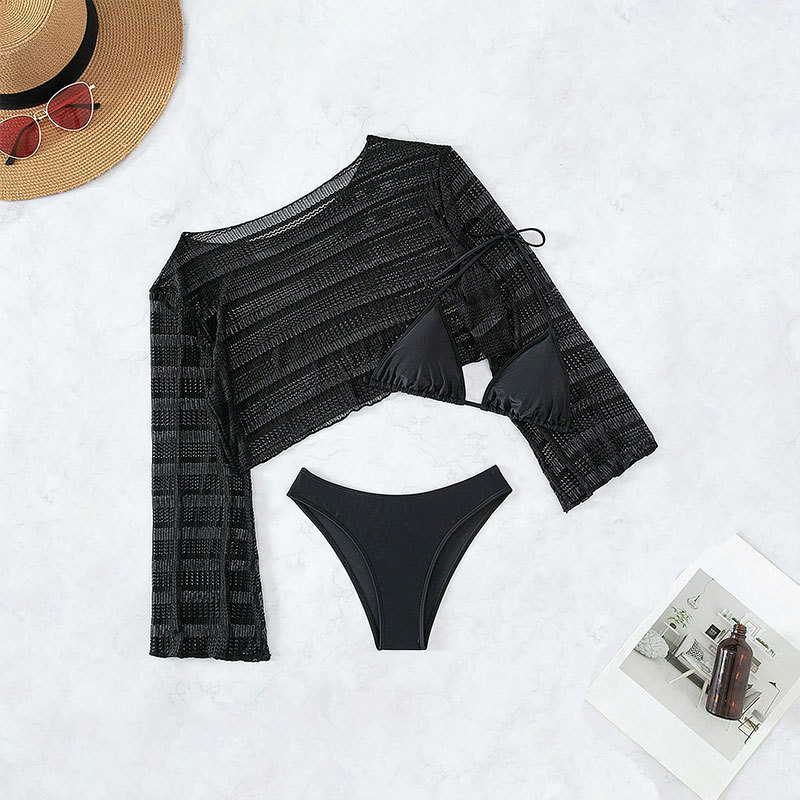 Set de bikini din trei piese cu acoperire din plasă pentru protecție solară, top cu mâneci lungi, poliester solid cu căptușeală Spandex 18%, 180 g/m², cu protecție pentru bust