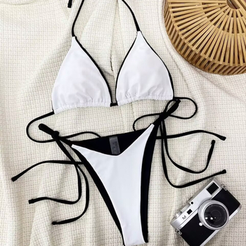 Set de bikini din două piese pentru femei, fără spate, cupe pentru sâni, material nylon, căptușeală poliester cu elastan