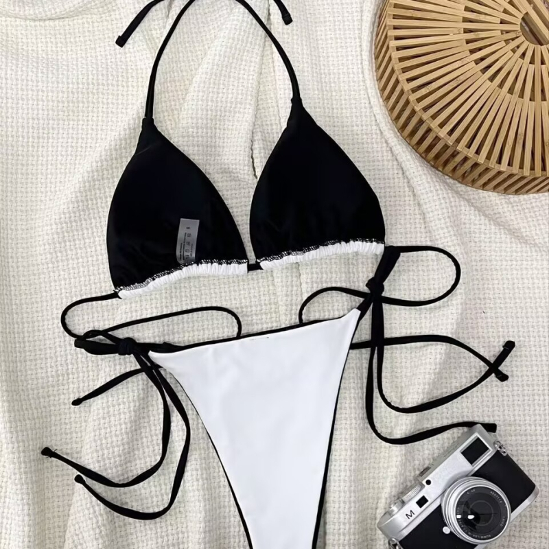 Set de bikini din două piese pentru femei, fără spate, cupe pentru sâni, material nylon, căptușeală poliester cu elastan