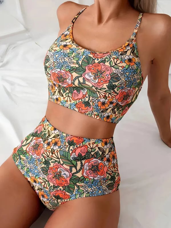Ženski bikini s visokim strukom, otisak malih cvjetova, seksi dizajn, jastučić za grudi, poliester materijal