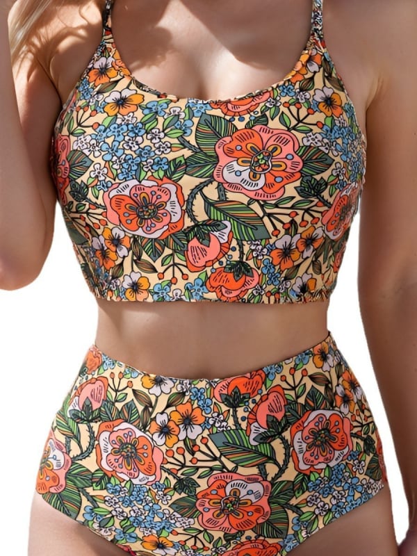 Ženski bikini s visokim strukom, otisak malih cvjetova, seksi dizajn, jastučić za grudi, poliester materijal
