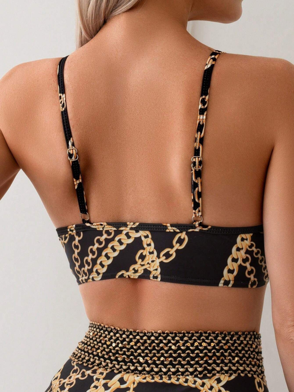 Set bikini pentru femei, cu design split, spate decupat, fără mâneci, cu pernă pentru sân, nailon 82%, căptușeală poliester și spandex 18%, pentru înot.