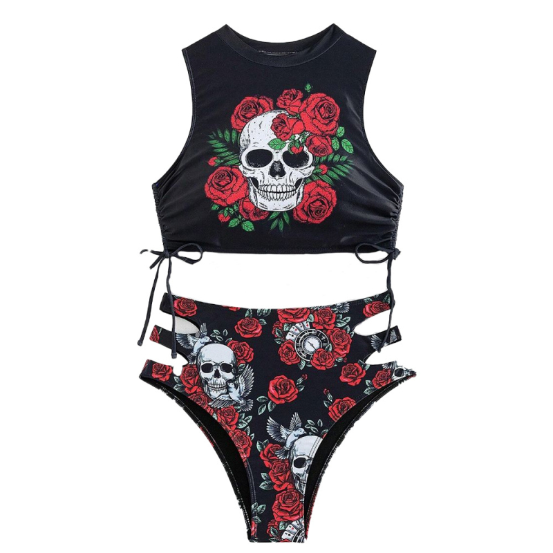 Dvije dijelne bikini kupaći kostim s uzorkom cvijeća i lubanje, seksi uski kroj, jastučić za grudi, bez metalnih umetaka; materijal 82% poliester, podstava od najlona s 18% klorirane vlaknine, težina 300 g