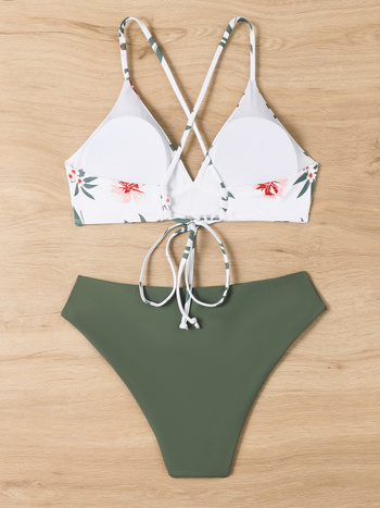 Costum de baie pentru femei cu șnur în spate, imprimeu, cu bureți la bust, fără mâneci, nailon