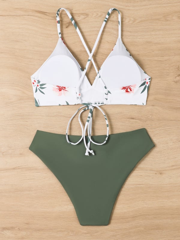 Costum de baie pentru femei cu șnur în spate, imprimeu, cu bureți la bust, fără mâneci, nailon