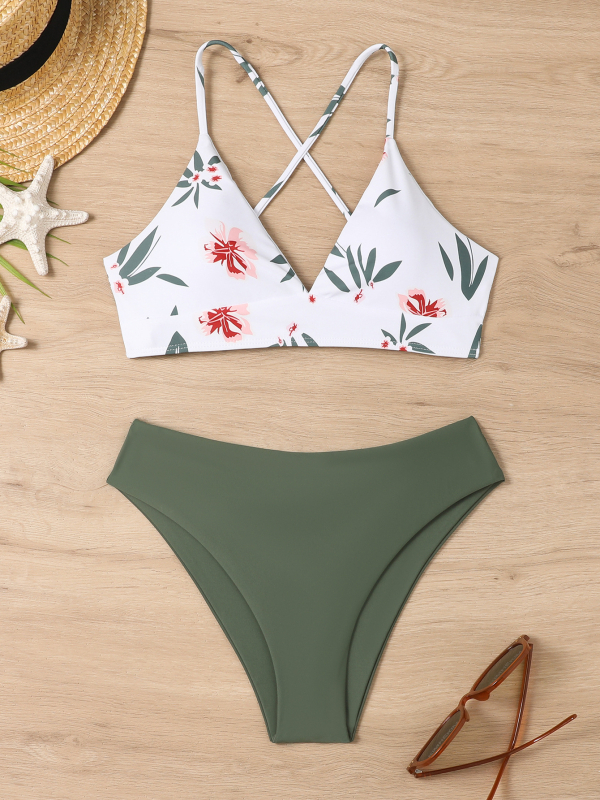 Costum de baie pentru femei cu șnur în spate, imprimeu, cu bureți la bust, fără mâneci, nailon