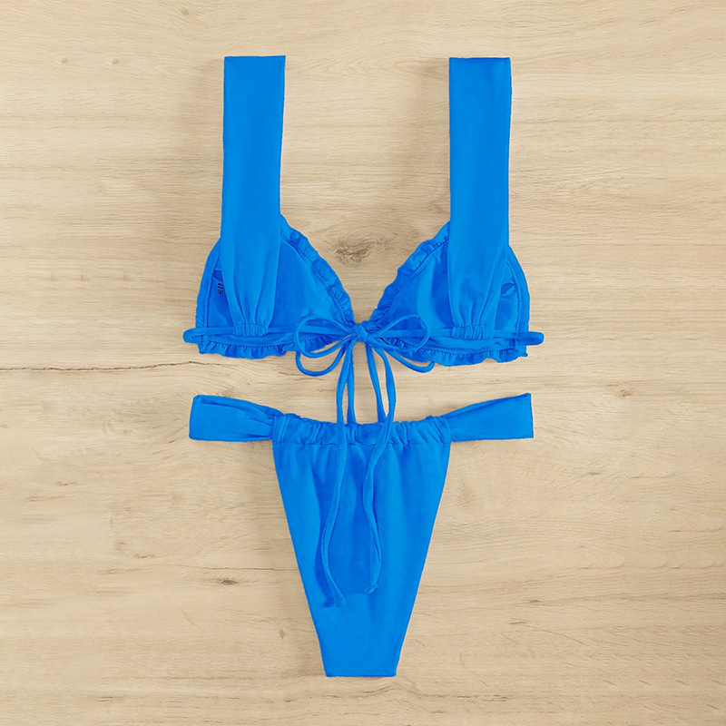 Costum de baie două piese pentru adulți, culoare solidă, cu pernuțe la bust și fără suport metalic, material nylon-spandex (80% nylon, 20% spandex), fără mâneci, partea de jos: bikini, stil sport.