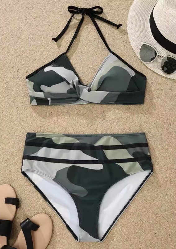 Costum de baie bikini din două piese, imprimeu camuflaj – sexy, mulat, cu bureți pentru bust, material poliester 82% și căptușeală 18% elastan