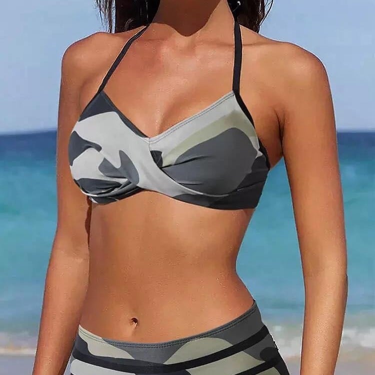 Costum de baie bikini din două piese, imprimeu camuflaj – sexy, mulat, cu bureți pentru bust, material poliester 82% și căptușeală 18% elastan