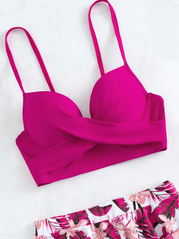 Costum de baie pentru femei, două piese, imprimeu floral, fără spate, talie înaltă, cu pernă pentru bust