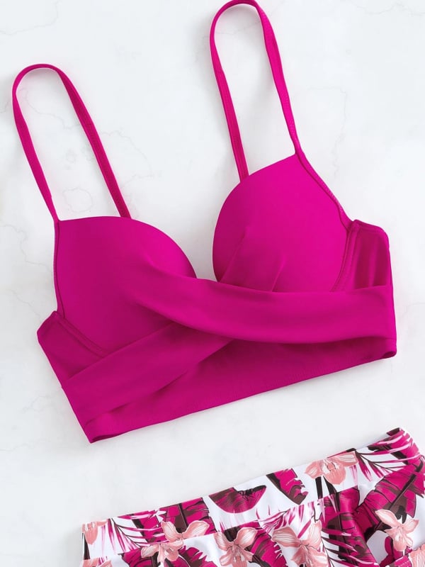 Costum de baie pentru femei, două piese, imprimeu floral, fără spate, talie înaltă, cu pernă pentru bust