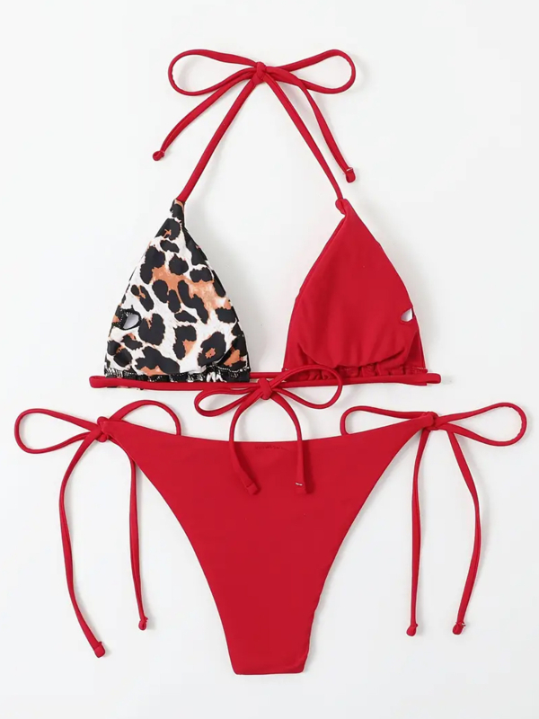 Costum de baie două piese, top triunghi color-block, design sexy cu decupaj la spate, elasticitate înaltă; cu pernuțe pentru bust, material poliester, căptușeală 82% poliester / 18% spandex, 200 g/m2