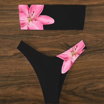 Ženski dvodijelni bikini bez naramenica, francuski retro stil, Dopamine otisak s lomljenim cvijećem, materijal Nylon/Spandex 18%, podstava Poliester/Spandex 5%