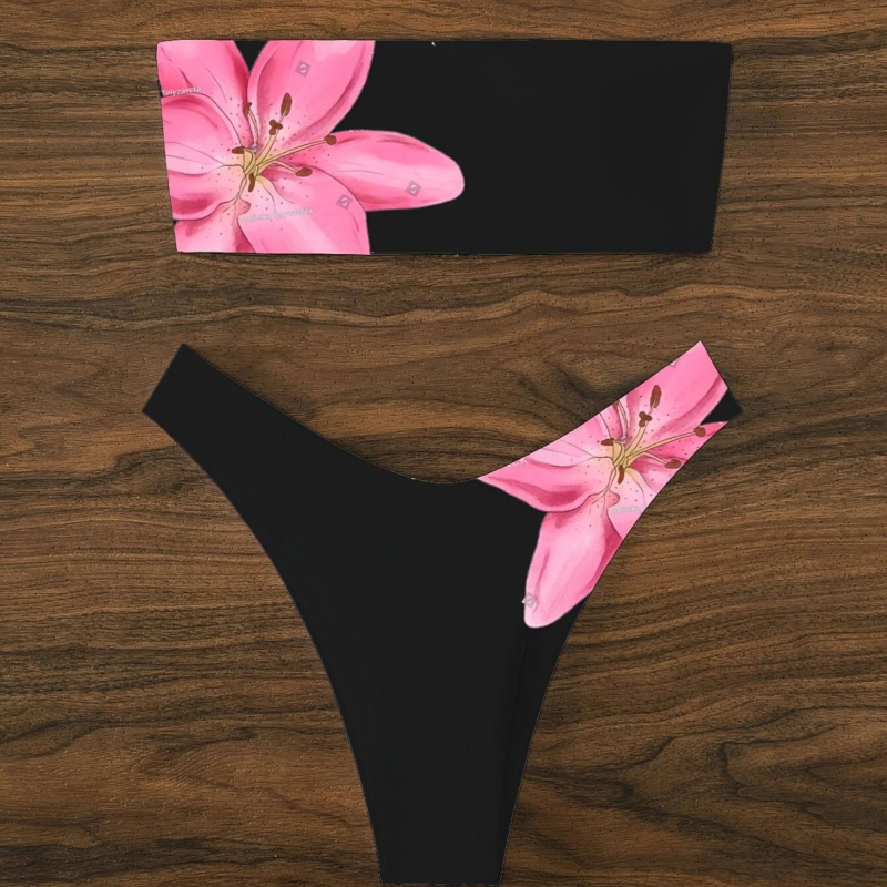 Ženski dvodijelni bikini bez naramenica, francuski retro stil, Dopamine otisak s lomljenim cvijećem, materijal Nylon/Spandex 18%, podstava Poliester/Spandex 5%