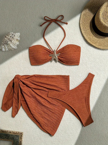 Set de bikini din trei piese cu top tubular și rochie de plajă; material poliester cu uscare rapidă; elasticitate mare; cu burete pentru bust