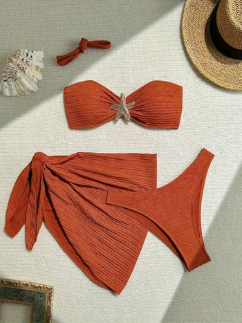 Set de bikini din trei piese cu top tubular și rochie de plajă; material poliester cu uscare rapidă; elasticitate mare; cu burete pentru bust